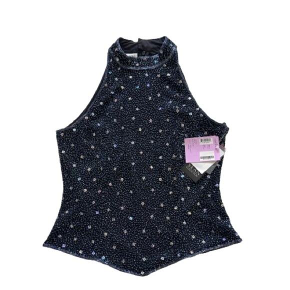 Sean Black Blue Beaded Silk High Neck Sleeveless Evening Formal Top Large NEW - Picture 1 of 15
